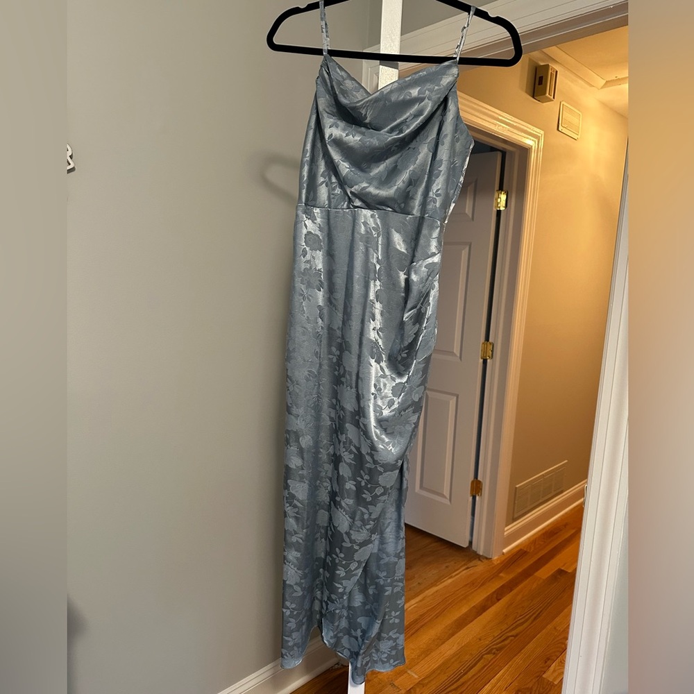 Lulus Midi Elegant Light Blue Dress with Floral Design
